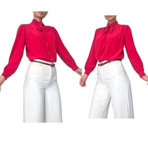 Vintage Red Silk Bow Long Baloon Sleeves Button Dow Blouse Size S